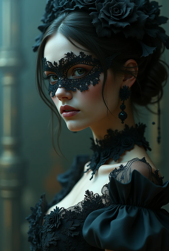 a close up of a woman wearing a mask, dreamy gothic girl, vampire, elegant render, half body photo, mistress, photoshop render, ebony rococo, elegant girl, female spy, haunting beautiful young woman, detailed face, extravagant dress, beauty girl, very femenine, dark haze atmoosphere, ambient dust