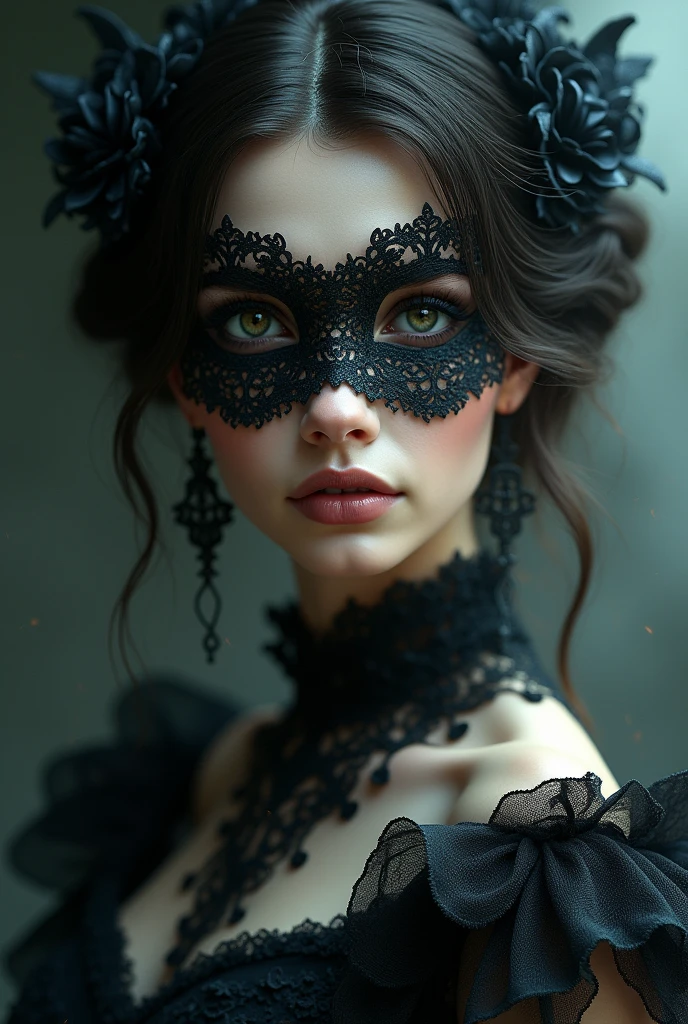 a close up of a woman wearing a mask, dreamy gothic girl, vampire, elegant render, half body photo, mistress, photoshop render, ebony rococo, elegant girl, female spy, haunting beautiful young woman, detailed face, extravagant dress, beauty girl, very femenine, dark haze atmoosphere, ambient dust