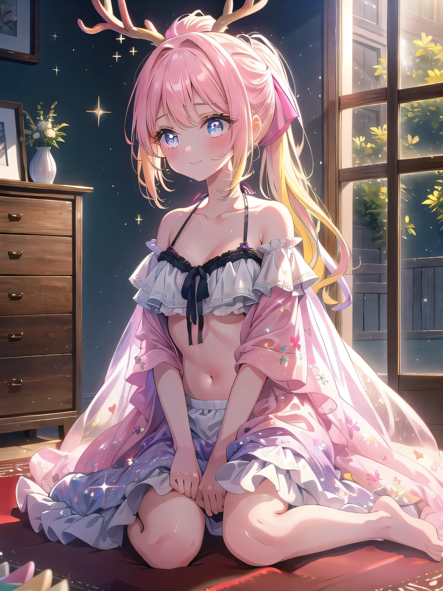 Beautiful illustration、top-quality、 s、Bedroom、A pink-haired、length hair、(((Pink pleated skirt)))、(((pink sailor suit)))、shortsleeves、Colossal tits、a navel、flank、Show white panties、Pull up your skirt and show your panties、bare-legged、blue eyess、on the beds、lovely thighs、glowing thigh、