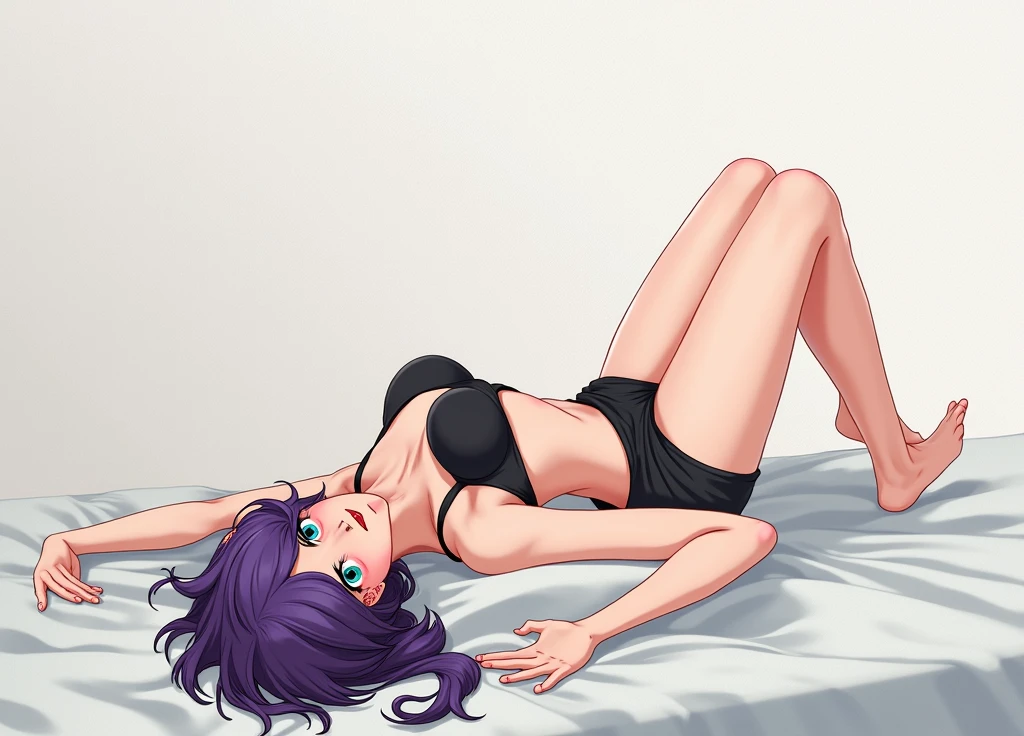 anime girl with purple hair and a black top posing naked, 2 b, 2b, revealing clothes, thicc, realistic shaded perfect body, full colored, full body close-up shot, seductive anime girl, from character anime, fern character anime