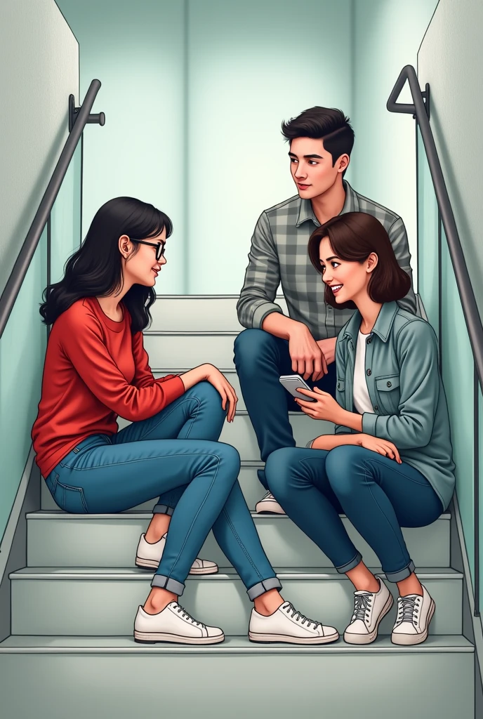 1 girl and 1 couple is sitting on the wide stairs in office area and talking, the girl is wearing a red top and jeans and specs and the boy is wearing a grey check shirt and jeans and both are wearing white shoes, a friend of both of them is also sitting with them, she is using her phone. She is sitting on the stairs one below them
