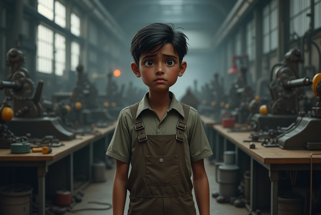 Indian young employee in factory, looking sad