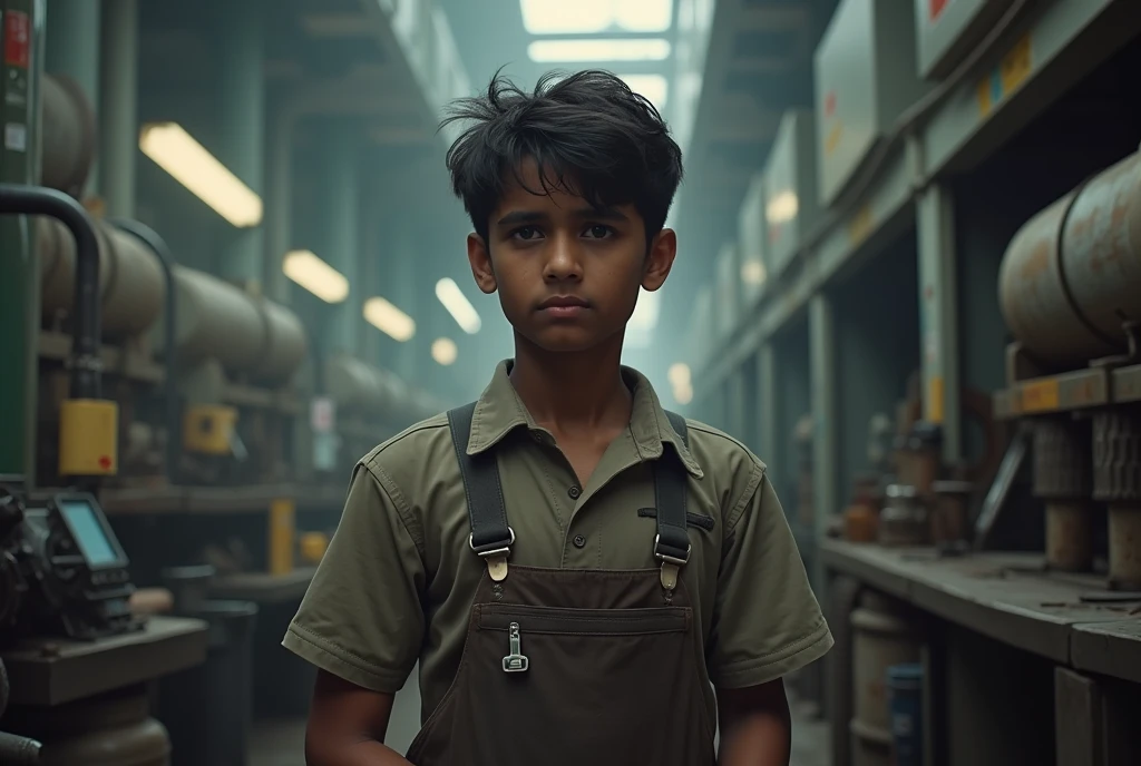 Indian young employee in factory, looking sad