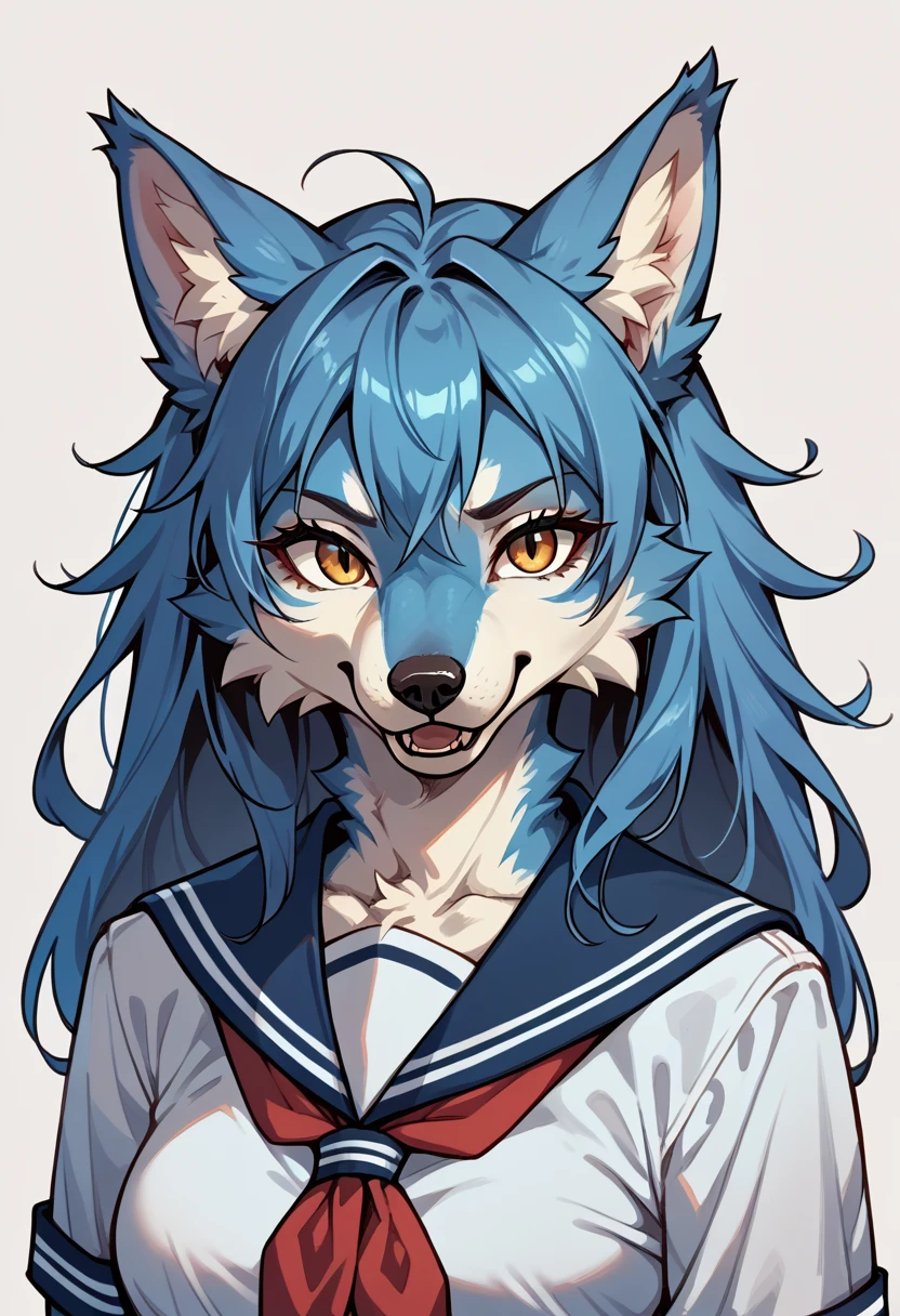 1girl, blue fur, wolf girl, medium breasts, school uniform, portrait, simple background, (furry:1.5) 