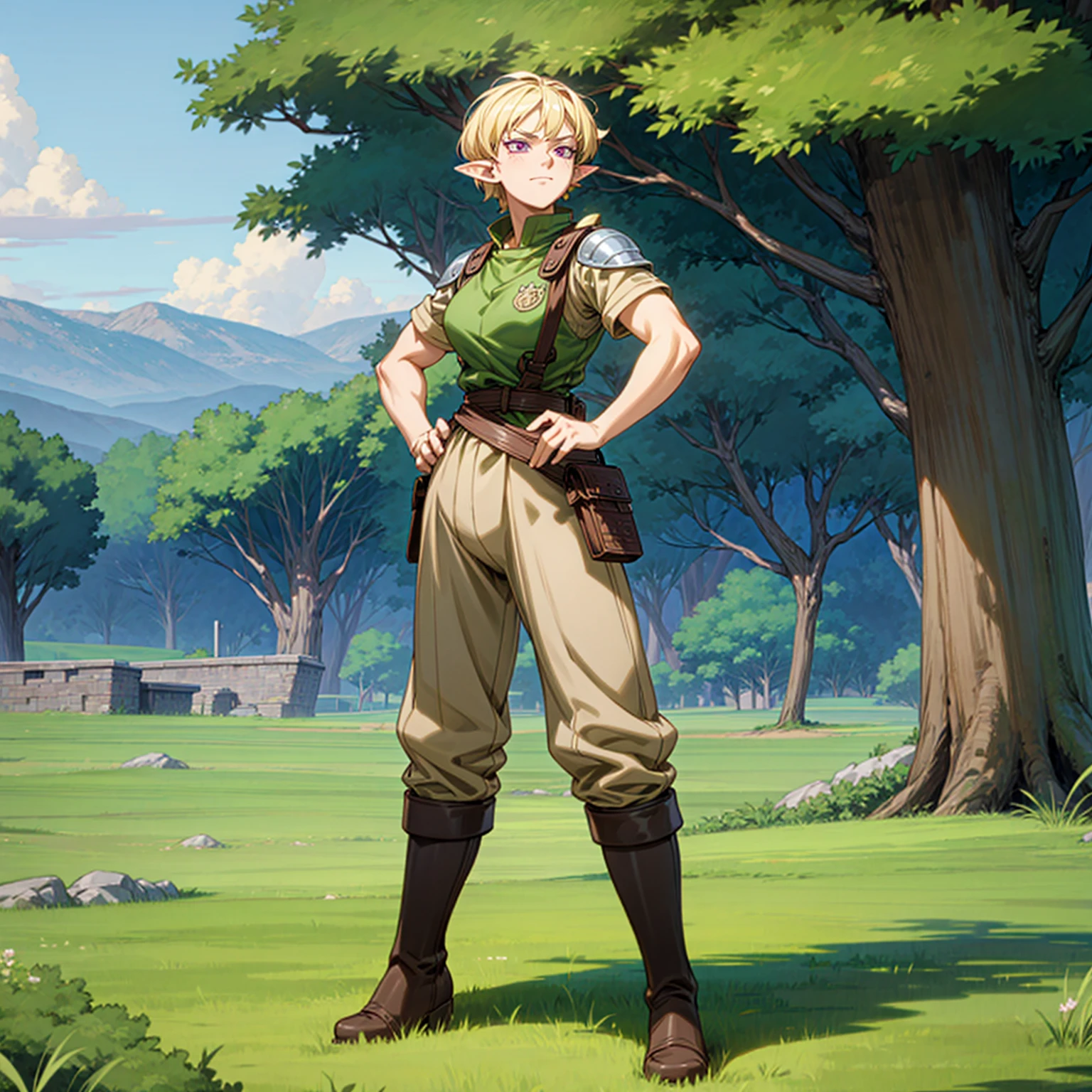 Solo character, full body version, middle aged man, chin beard, muscle, (elf), purple eyes, blonde color hair, Curly haircut, soldier clothing, long brown pants, boots, outdoor, field, Greenland, detailed background, detailed clothing, detailed hair, muscle, standing gesture, (food wars style art, one piece style art, one piece style art), happy eyes, heavy armored 