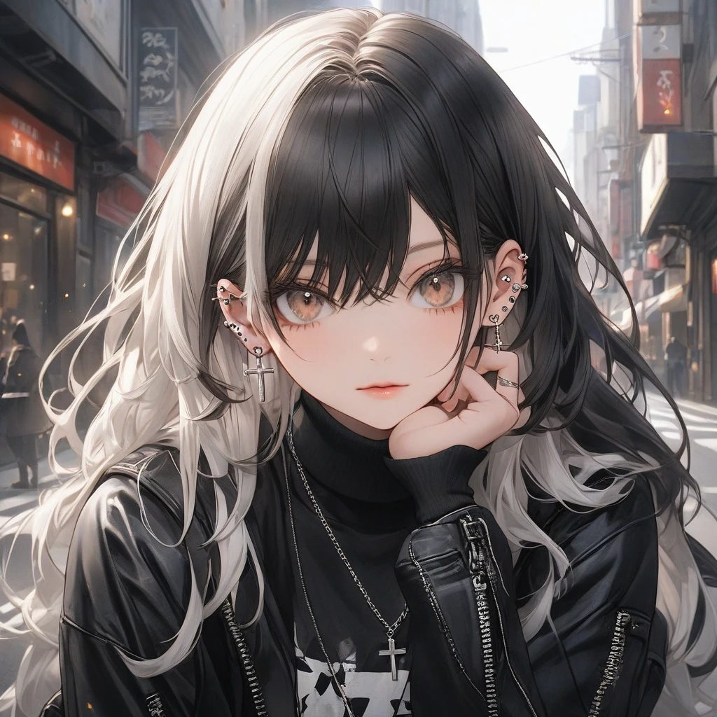 high resolution, Masterpiece, Anatomically correct, precise, qualityที่ดีที่สุด, quality, 1 woman, Age 20 years, very long hair, black hair, light brown eyes , A calm expression., simple background , photography, Sharp eyes, An beautiful eyelashes , detailed eyes , wearing black turtleneck , black leather jacket, black ripped jeans, white sneakers, crossbody backpack, ear piercings , white hair inside, streets wears , wears a mask , necklace, cross necklace