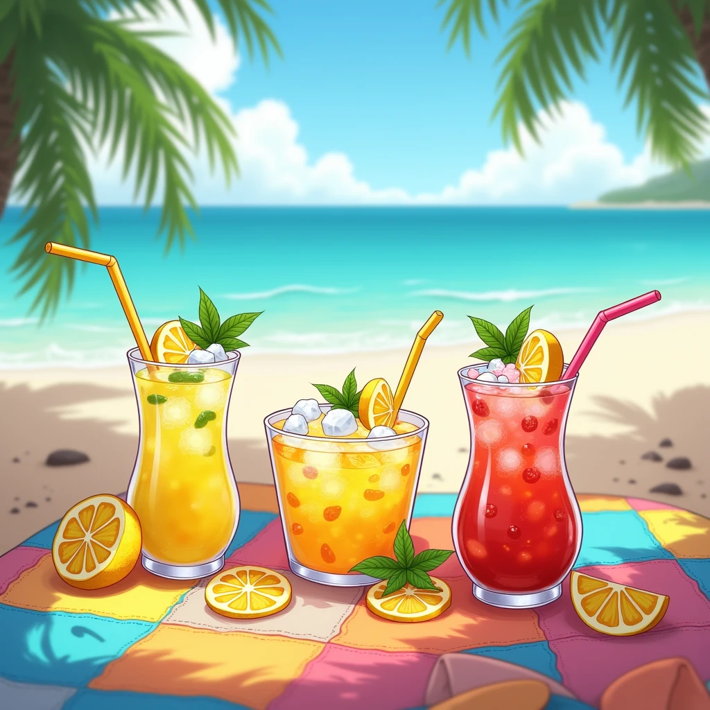 Beach,Drink ice,Lemon slices on quilt,mint,Colored drinks,straw,Disney style