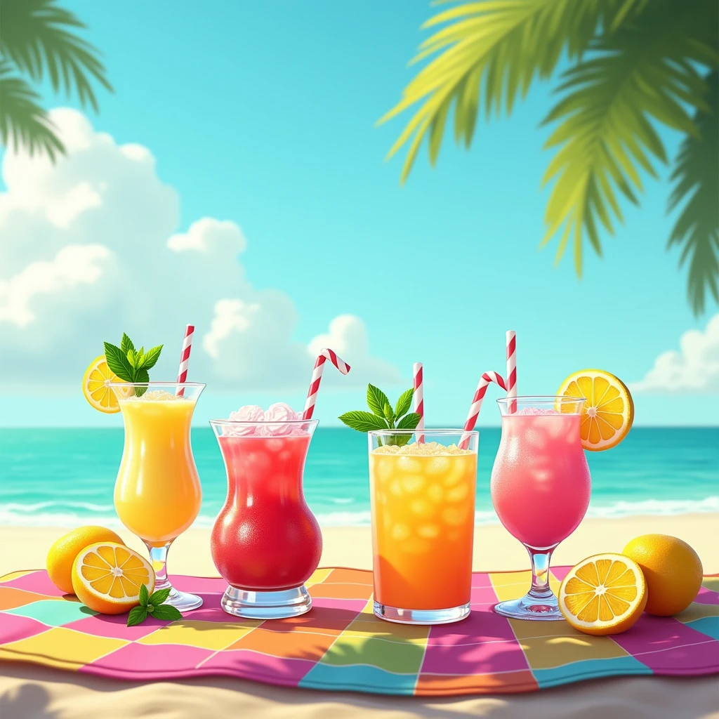 Beach,Drink ice,Lemon slices on quilt,mint,Colored drinks,straw,Disney style
