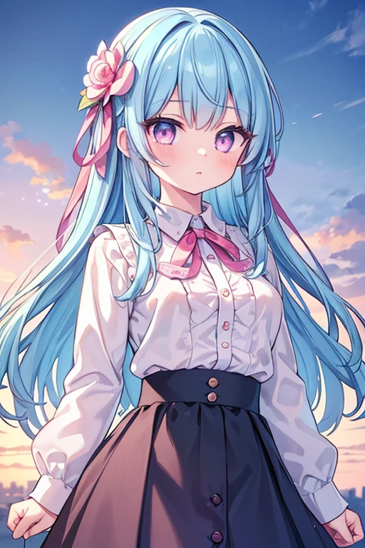 (detailed beautiful eyes and detailed face, masterpiece side light, masterpiece, Highest quality, detailed, High resolution illustrations), (1 person, beautiful girl, Glowing Skin, Looking down, View your viewers), ( Long sky blue hair, Pink Eyes, skirt, ribbon, Button-down shirt) 45 degrees, Top View,  Landscape, (手のdetailed)