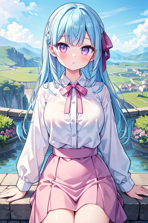 (detailed beautiful eyes and detailed face, masterpiece side light, masterpiece, Highest quality, detailed, High resolution illustrations), (1 person, beautiful girl, Glowing Skin, Looking down, View your viewers), ( Long sky blue hair, Pink Eyes, skirt, ribbon, Button-down shirt) 45 degrees, Top View,  Landscape, (手のdetailed)