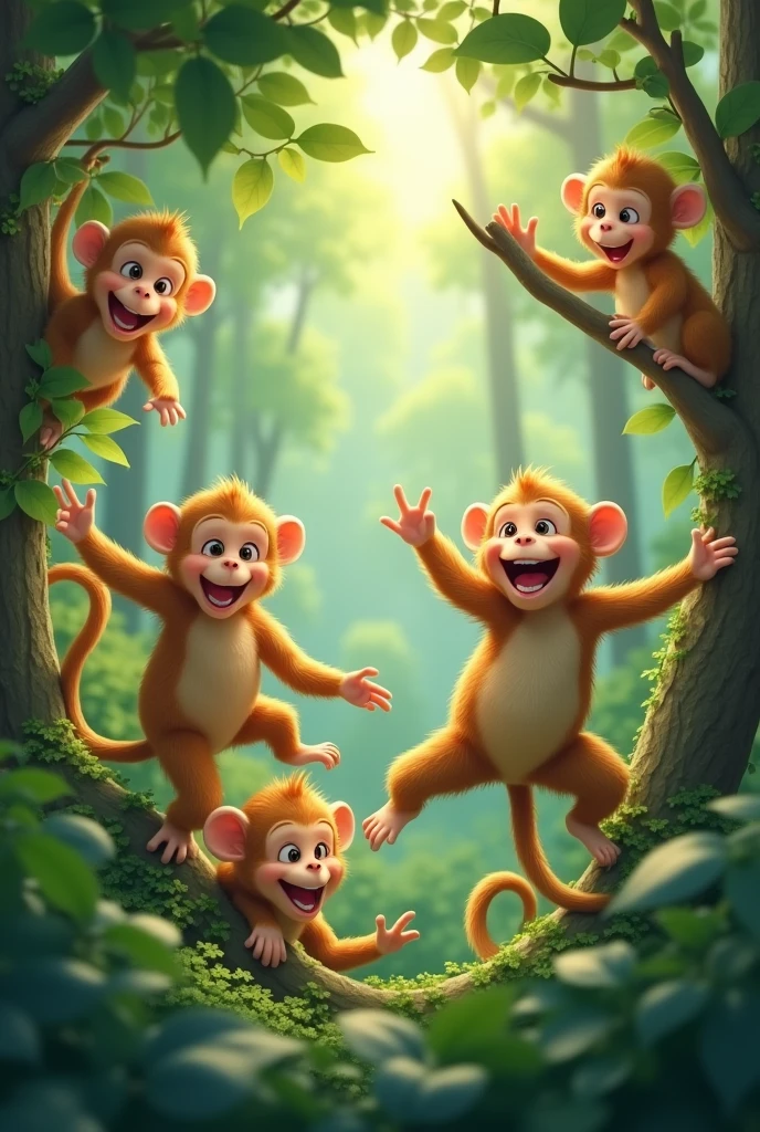 A few monkey of happiness hang on the trees in the forest and wander here and there