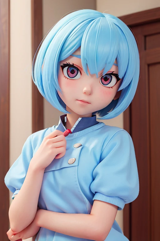 female、16age、Light blue hair、Bob Hair、Red eyes、