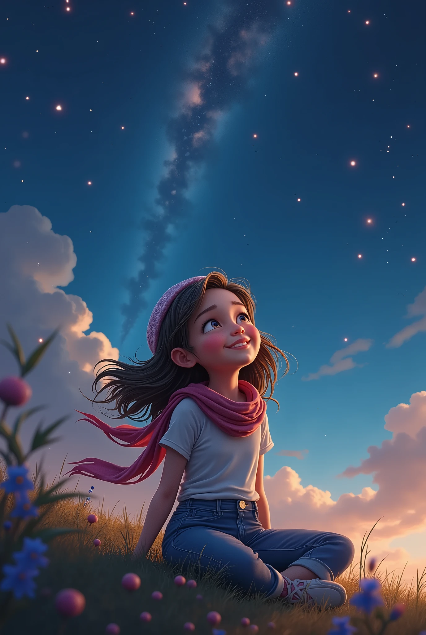 best quality, high resolution, distinct image, concept art, night sky, stars, moon, girl, smile, hair, eyes, mouth, hands, feet, clothing, jeans, t-shirt, scarf, hat, space, spaceship, spacesuit, astronaut, planet, galaxy, beautiful, cute, cozy, natural, dreamy, relaxed, sparkling, lovely