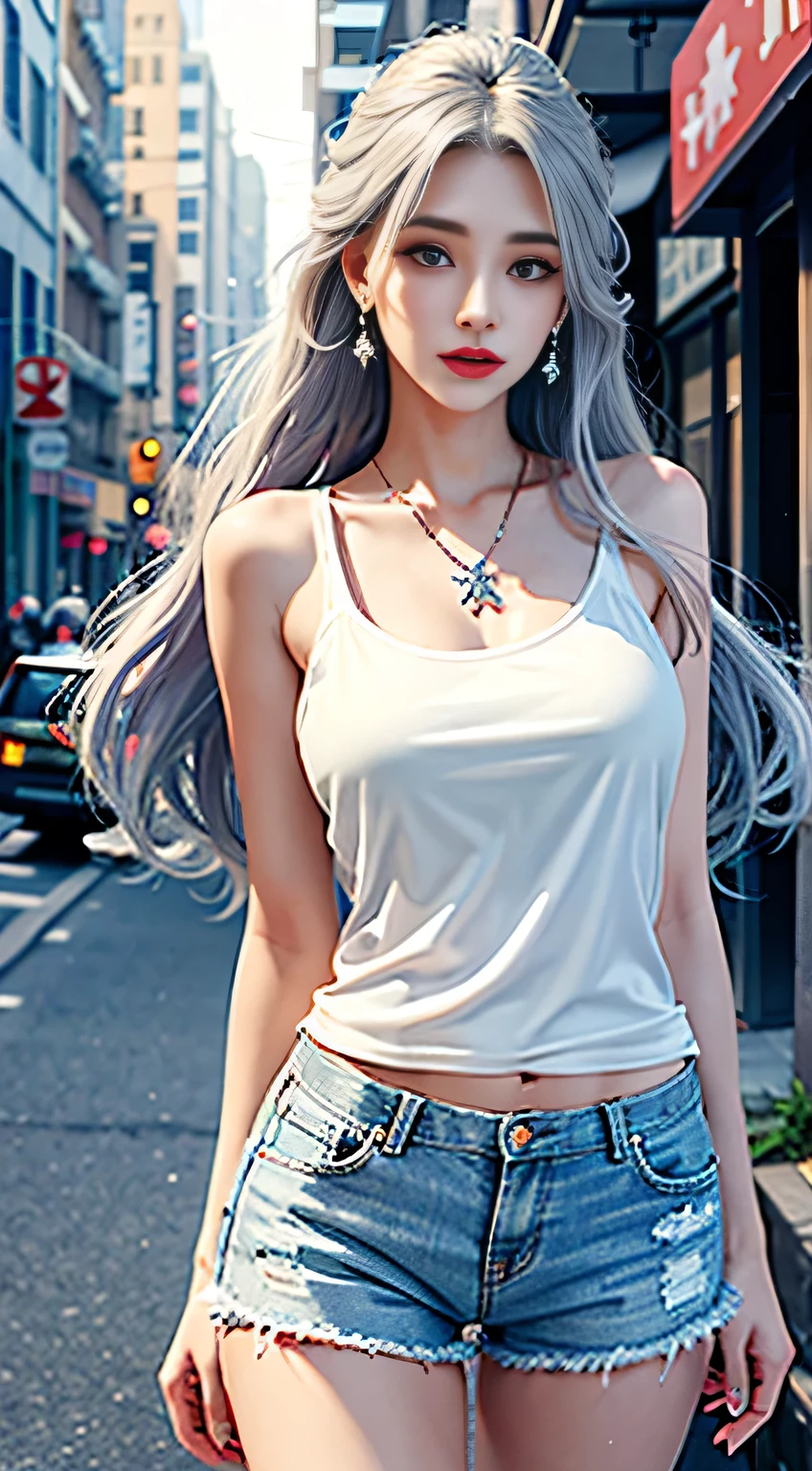 Urban beautiful girl college student, masterpiece, light makeup, red lips, silver hair, messy long hair, street background, beautiful, elegant. Ultra-fine details, master works, real texture, cinematic lighting realism, perfect work, 8k, HD, exquisite facial features, white tight open-cut top, transparent white tight shorts, slim figure, bright big eyes, smooth skin, earrings, necklace, tattoos