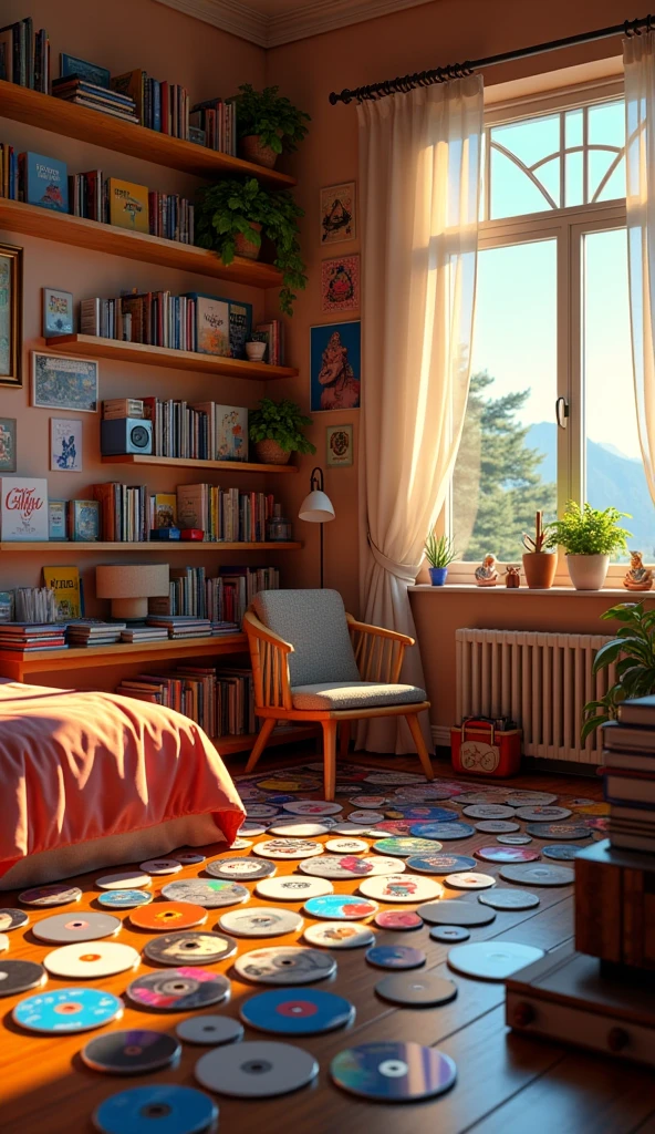  a bedroom with many  cds, pixar style, cinematic, masterpiece, high-aesthetic 