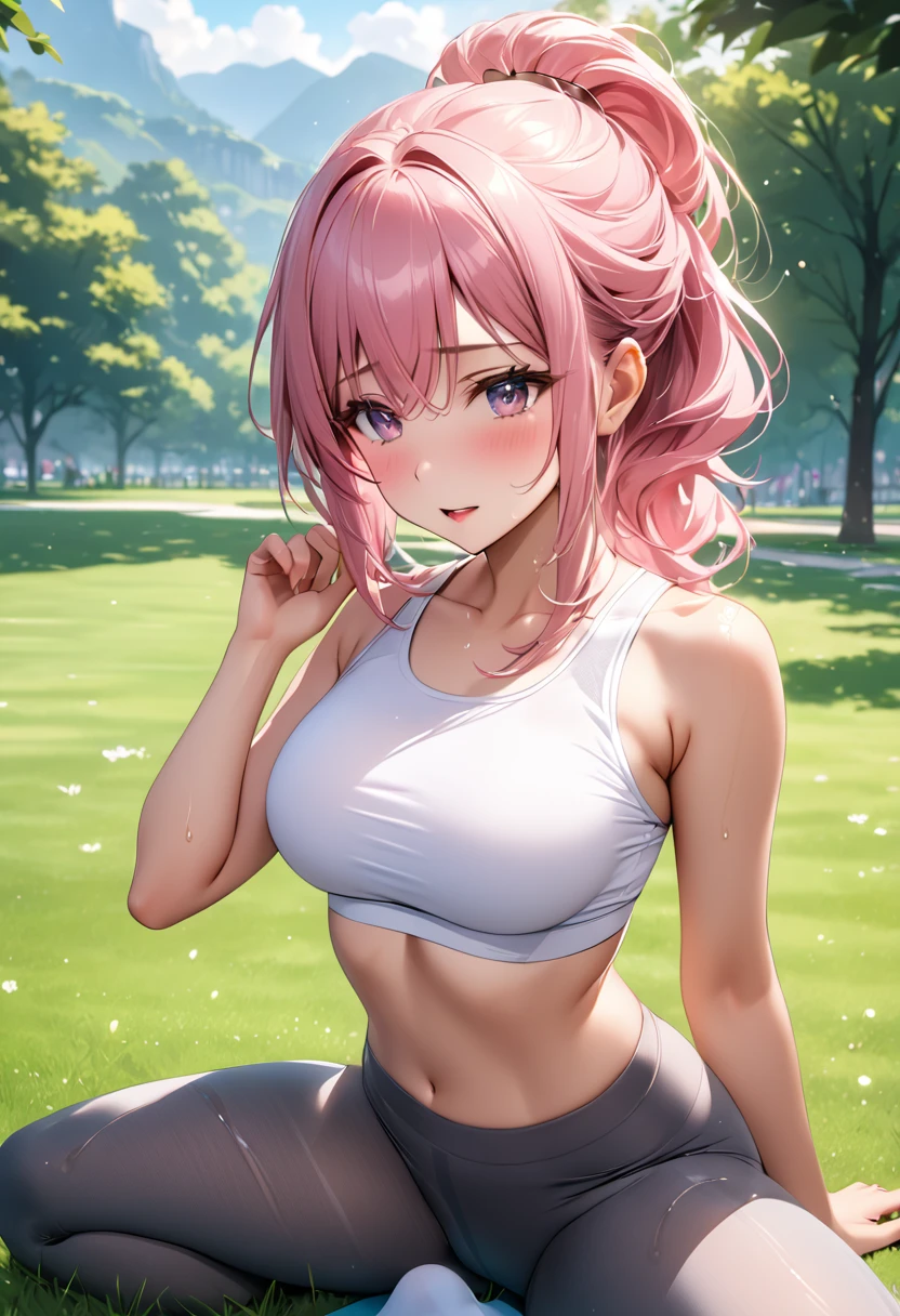 8k,Highly detailed CG unit wallpaper,masterpiece:1.2,Highest quality,Ultra-high resolution,RAW Photos,absurdres, 30 year old beautiful girl,mature female,Pink Hair,Long Hair,half updo,Cute like an idol,beautiful eyes,wet eyes,orgasm,white croptop,dark grey leggins,grass,park,((((nsfw,Holding a yoga pose)))),