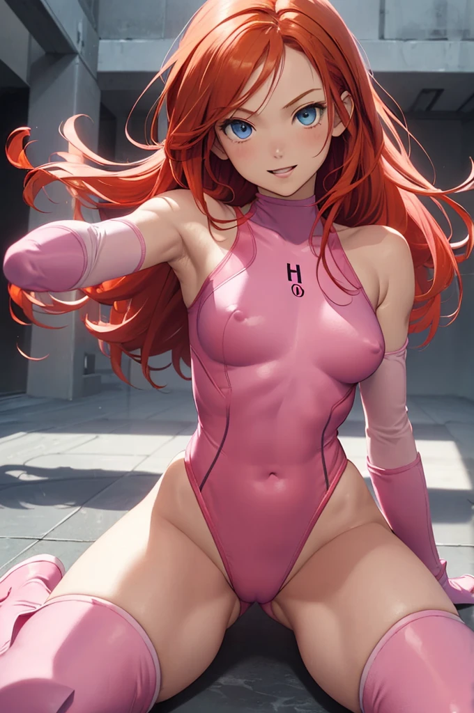 (masterpiece、Highest quality、detailed、HD、Highest quality、High resolution、Solo Character) {{20 year old orange-red haired girl:(Reddish orange long hair、Light blue eyes、Serious expression、Open Mouth Smile、Beautiful female body、Beautiful feet)、(Pink one-piece leotard、Pink wrestling boots、Pink knee pads、pink arm sleeves、Pink elbow pads、Pink gloves)、(There are no people around、)}}