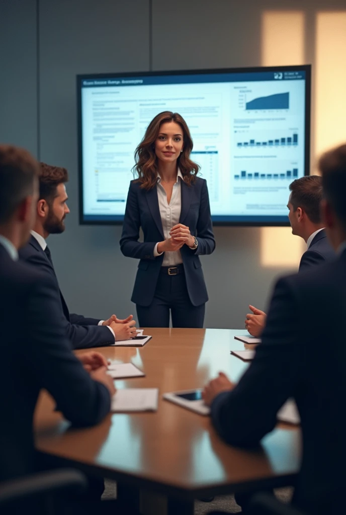 (A thin woman, with medium-length wavy hair, in a law office presenting material on television (slide) providing consultancy to a large company at a meeting table with Mens
