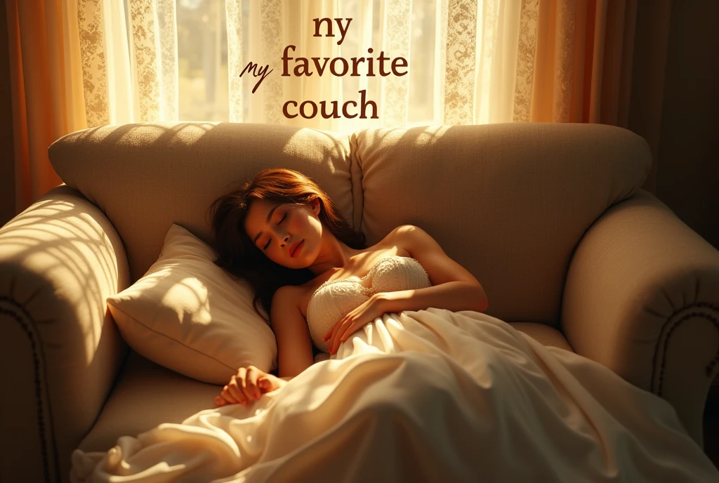 ((masterpiece, highest quality, Highest image quality, High resolution, photorealistic, Raw photo, 8K, Extremely detailed CG unified 8k wallpaper)), The last scene of a romantic film, a woman sleeping on her favorite couch on a sunny holiday afternoon, a gentle breeze gently shaking the lace curtains, “my favorite couch” written in the center of the screen, (view from above:1.2),