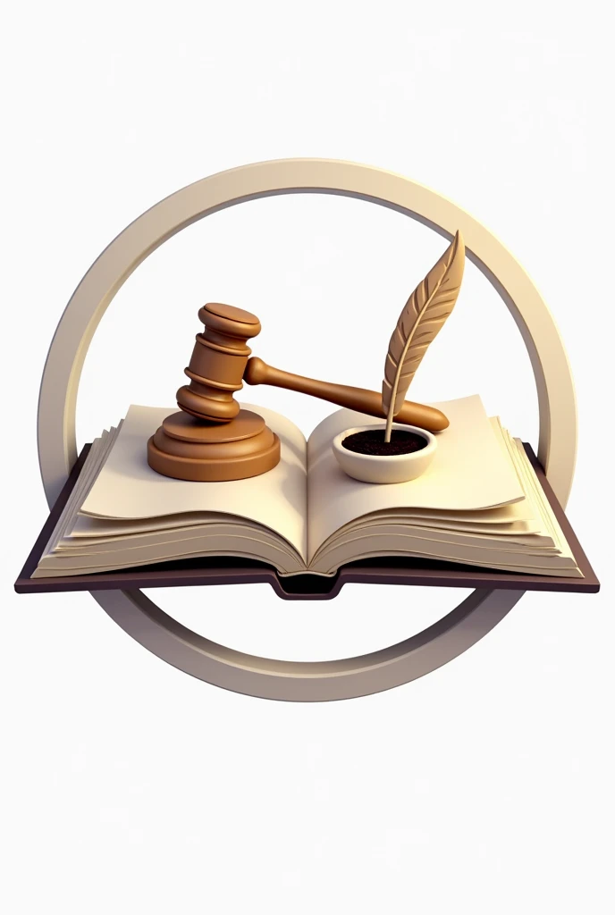make a logo where an open page book has a drawing of gavel, torch and on the other page is quill and ink in 3d. with a circle background for logo. 3 dimensional picture