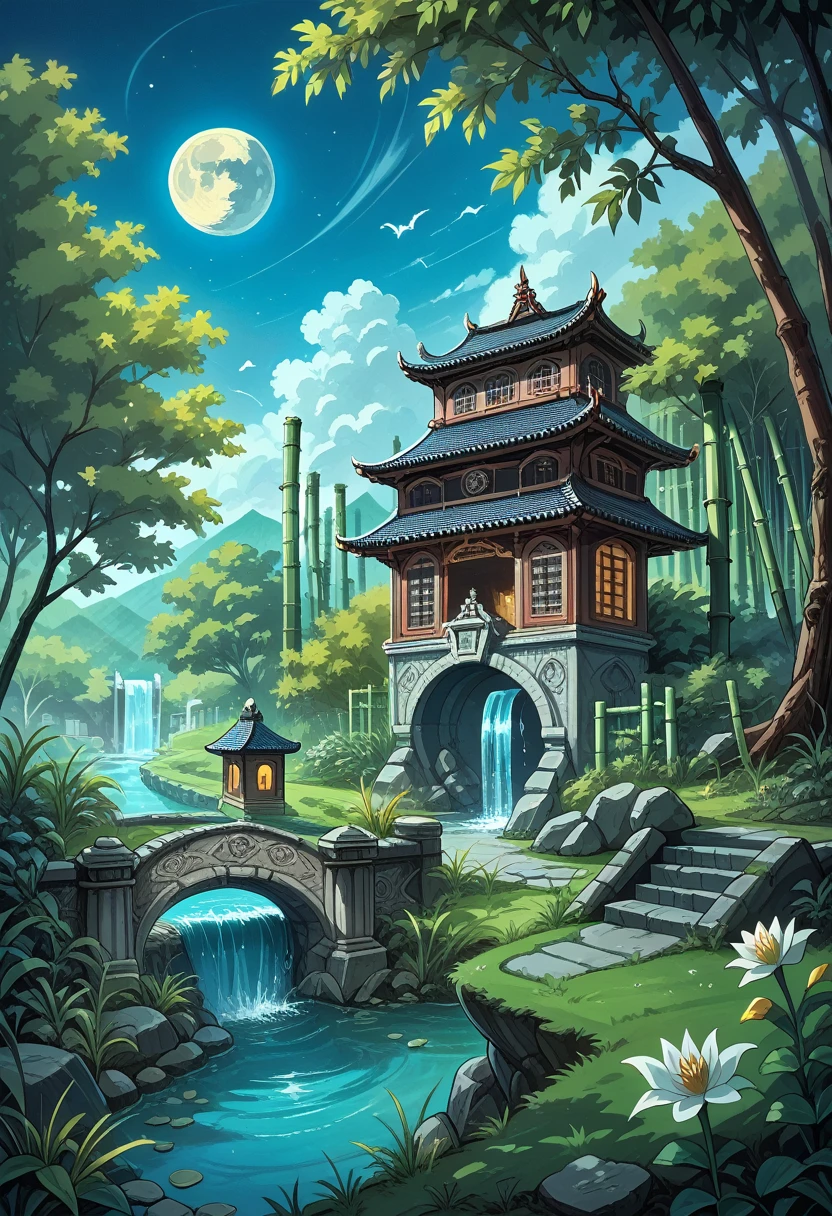 Ancient Chinese architecture, moon, midnight, garden, bamboo, lake, stone bridge, rockery, arch, corner, tree, running water, landscape, outdoor, waterfall, grass, rock, water lily, hot spring, water vapor, (Illustration: 1.0), Epic Composition, Realistic Lighting, HD Details, Masterpiece, Best Quality, (Very Detailed CG Unity 8k) --v 6