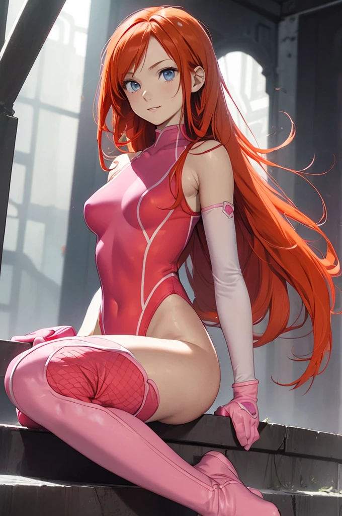 (masterpiece、Highest quality、detailed、HD、Highest quality、High resolution、Solo Character) {{Orange-red haired girl:(Reddish orange long hair、Light blue eyes、Serious expression、Open Mouth Smile、Beautiful female body、Beautiful feet)、(Pink one-piece leotard、Pink wrestling boots、Pink knee pads、pink arm sleeves、Pink elbow pads、Pink gloves)、(There are no people around、)}}