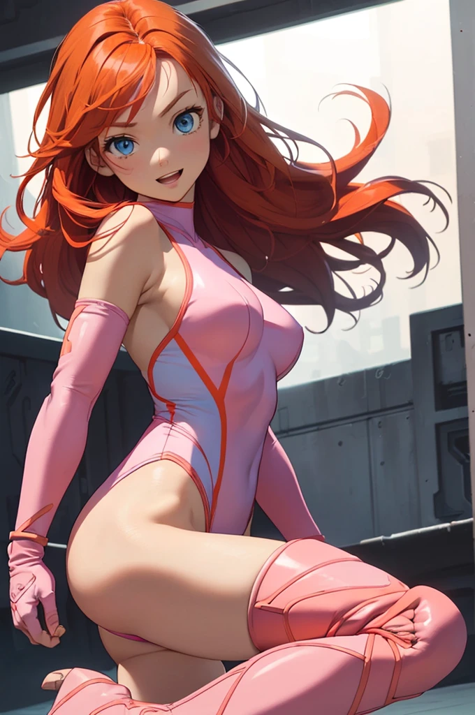 (masterpiece、Highest quality、detailed、HD、Highest quality、High resolution、Solo Character) {{Orange-red haired girl:(Reddish orange long hair、Light blue eyes、Serious expression、Open Mouth Smile、Beautiful female body、Beautiful feet)、(Pink one-piece leotard、Pink wrestling boots、Pink knee pads、pink arm sleeves、Pink elbow pads、Pink gloves)、(There are no people around、)}}