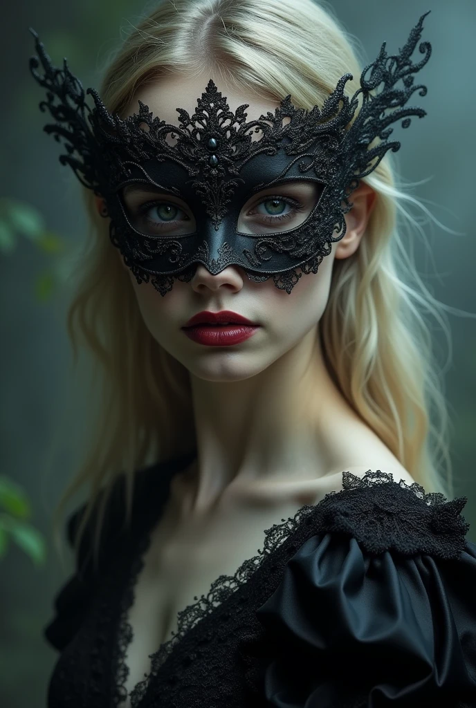 a close up of a woman wearing a mask, dreamy blondegirl, vampire, elegant render, half body photo, mistress, photoshop render, ebony rococo, elegant girl, female spy, haunting beautiful young woman, detailed face, extravagant dress, beauty girl, very femenine, dark haze atmoosphere, ambient dust