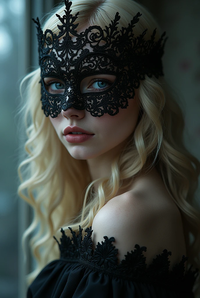 a close up of a woman wearing a mask, dreamy blondegirl, vampire, elegant render, half body photo, mistress, photoshop render, ebony rococo, elegant girl, female spy, haunting beautiful young woman, detailed face, extravagant dress, beauty girl, very femenine, dark haze atmoosphere, ambient dust