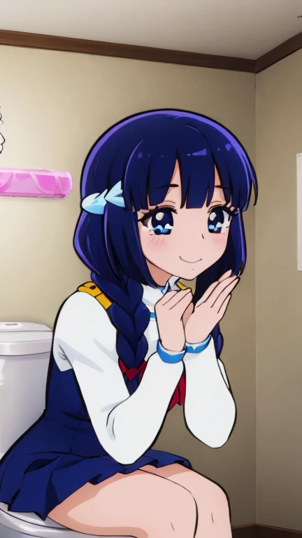 8k ,braids, huge natural breasts, seductive pose, shy embarrassed smile, hashira uniform, sexy hips, sitting on toilet ,reika "Cure Beauty, Chloe, Glitter Breeze" Aoki,Bluehair,Blue pupil,((Poop buri!!)),