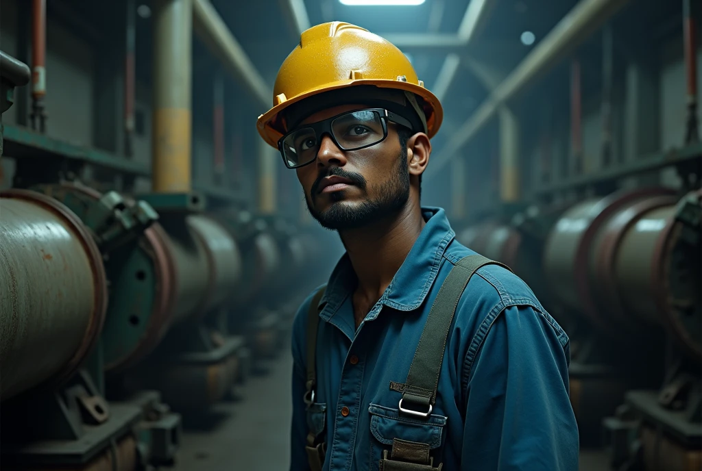 Indian young employee in factory with safety equipment, looking sad