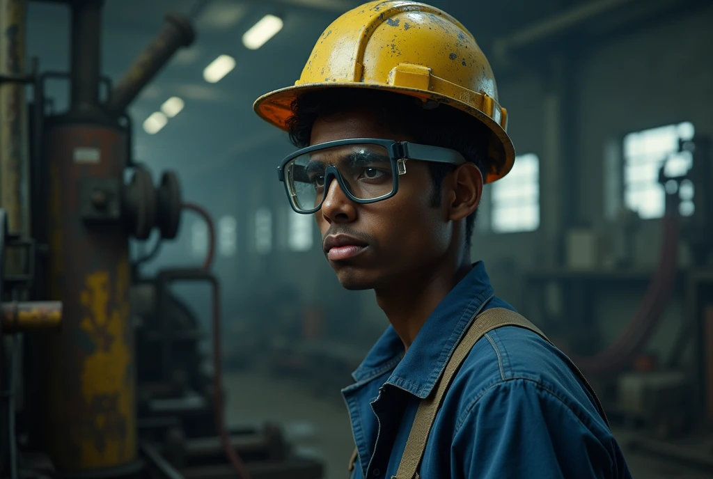 Indian young employee in factory with safety equipment, looking sad