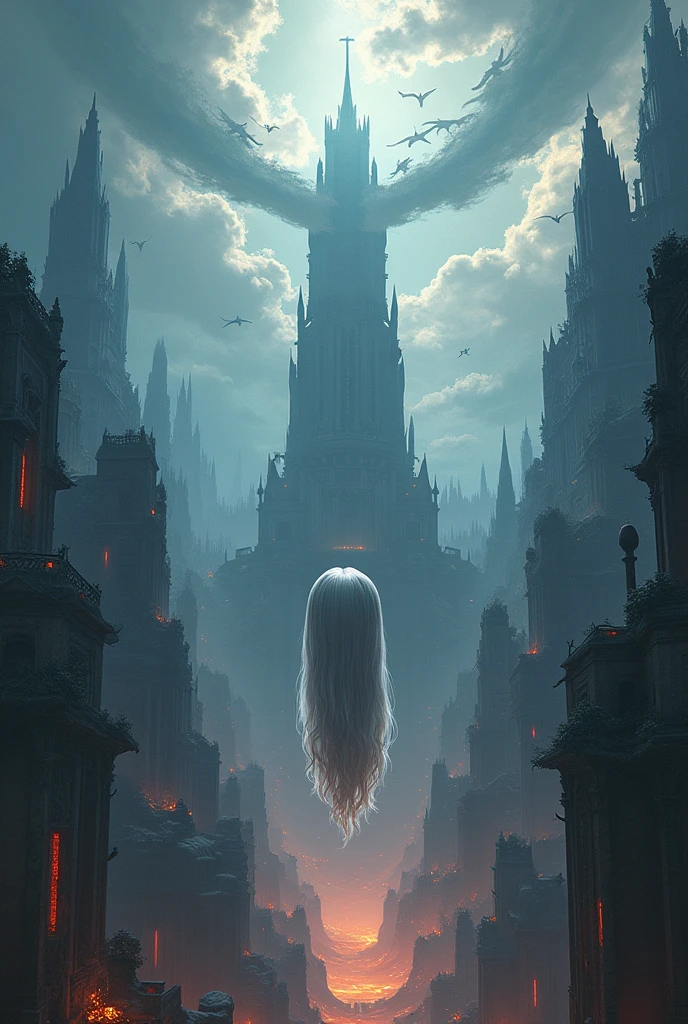 Generate a book cover-sized image of the fantastic city of Valyria that has the imposing city with dark buildings and all the beautiful and large houses but that looks heavenly and very beautiful., that there are flying dragons and in the central part below you can see the head of a person turned upside down and you can see their silver hair, Remember the city must be imposing but beautiful, heavenly and magical with small hints of lava but not too much