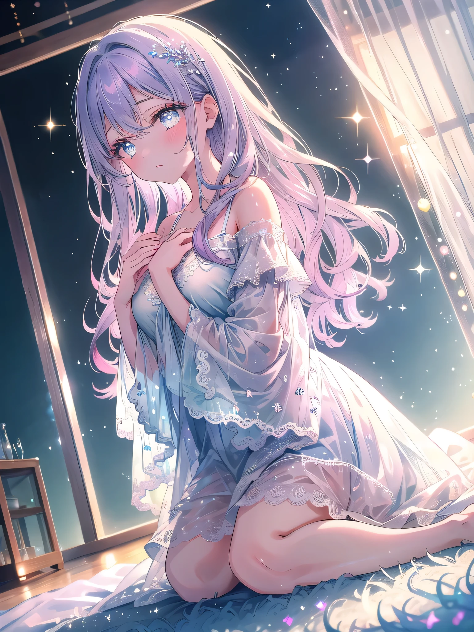 ((8k, Highest quality, masterpiece: 1.3)),Ultra-high resolution,(1 girl, alone), (Color changing eyes, Ultra-detailed, Expressive brilliance, Glitter, Glowing Eyes), Highly detailed eyes, Highly detailed face, Random Hair, ((pastel colour))A playful young woman with pastel lavender hair styled into loose, wavy curls, positioned on all fours like a curious kitten on the soft carpet of her bedroom during a lazy afternoon. She is wearing a white bikini with lace accents, highlighting her soft curves. The camera captures her from a low, side angle, focusing on the way her hands and feet press into the plush carpet, her back slightly arched as she playfully looks over her shoulder with a teasing smile. The room is bathed in soft, diffused light, creating a warm and cozy atmosphere that complements her playful and innocent charm.