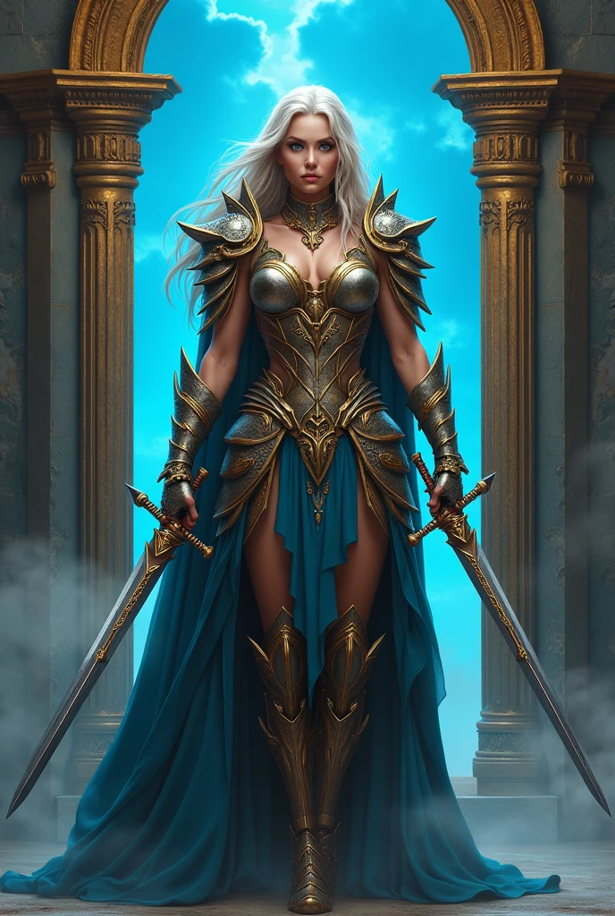 a woman in a costume standing in front of a picture frame with a sword in her hand and a sword in her other hand, Araceli Gilbert, fantasy art, promotional image, poster art.
a woman dressed in armor standing in front of a wooden frame with a blue background, inspired by Larry Elmore, a character portrait, fantasy art, wearing xena armor, a beautiful woman warrior, beautiful female warrior, mystical atlantean valkyrie, warrior princess, warrior woman, muscular warrior women. 3D isometric effect ultra-detailed intricate insanely full HD, full body portrait, hyperrealist, masterpiece, spotlight, inside casttle,