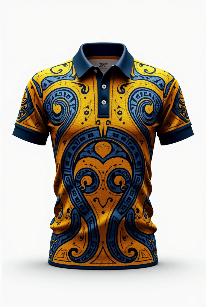 Create rugby jersey maori  tribe pattern yellow blue retro black collar white background