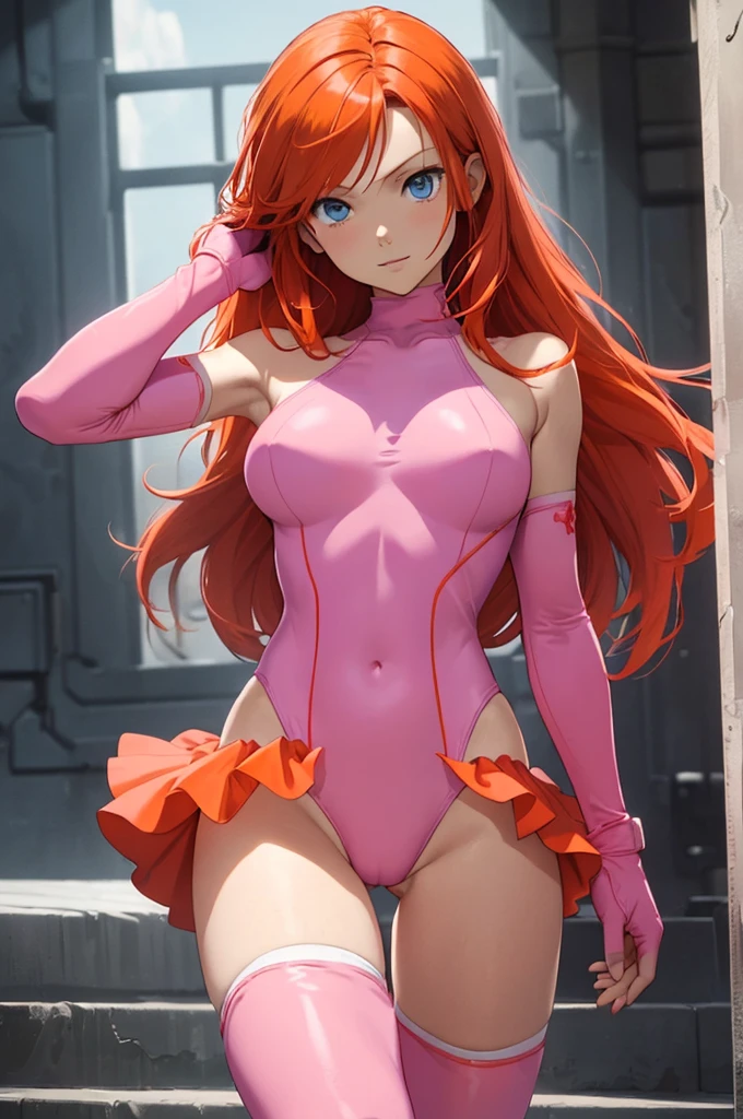 (masterpiece、Highest quality、detailed、HD、Highest quality、High resolution、Solo Character) {{Orange-red haired girl:(Reddish orange long hair、Light blue eyes、Serious expression、Open Mouth Smile、Beautiful female body、Beautiful feet)、(Pink one-piece leotard、Pink Boots、Pink knee pads、pink arm sleeves、Pink elbow pads、Pink gloves)、(There are no people around、)}}