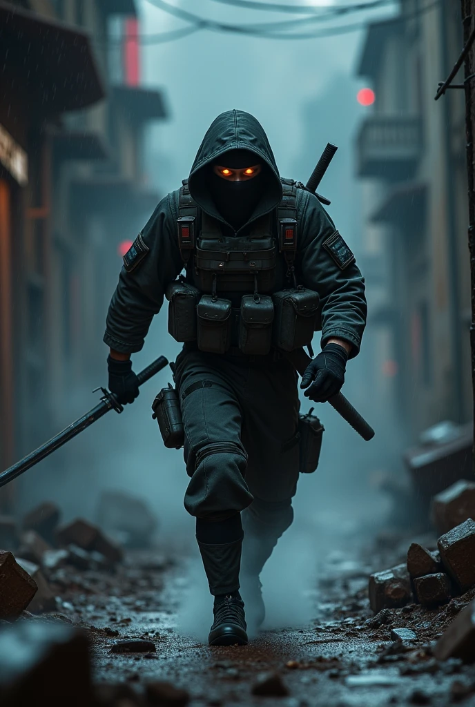 Chat ninja de la seconde guerre mondiale, style humanoide, nuit, parcours 