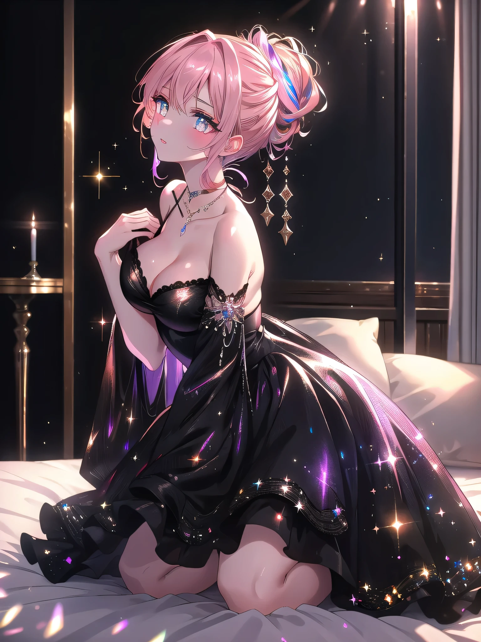((8k, Highest quality, masterpiece: 1.3)),Ultra-high resolution,(1 girl, alone), (Color changing eyes, Ultra-detailed, Expressive brilliance, Glitter, Glowing Eyes), Highly detailed eyes, Highly detailed face, Random Hair, ((pastel colour))A seductive young woman with pastel rose gold hair styled into a voluminous updo, positioned on all fours like a prowling panther on the silky sheets of her bed during a sultry evening. She is wearing a sleek black bikini with high-cut sides that accentuate her curves. The camera captures her from a low, side angle, highlighting the tension in her body as she prowls forward, her hands gripping the sheets, her gaze intense and captivating. The dim, sultry lighting casts deep shadows that enhance the sensuality and intensity of the scene, with luxurious and elegant decor adding to the overall allure.