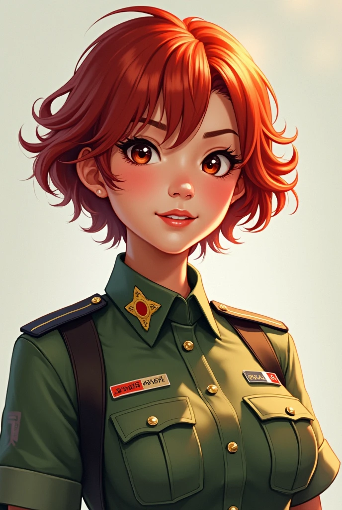 A woman named Nirinthra, short wavy red hair, cheerful, bright eyes, Thai soldier, ager, age 21, tough, portrait