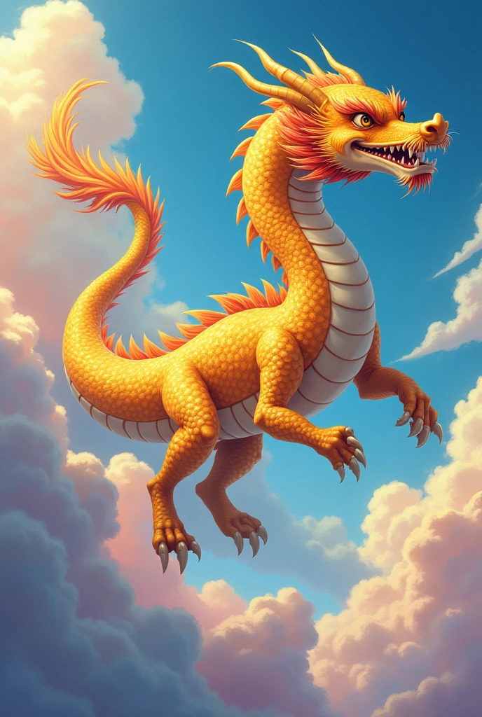 Anime style, an oriental dragon, long body, khổng lồ, wingless, shiny golden scales, has 2 yellow dragon horns, long snout like a crocodile with sharp teeth, yellow eyes with erect pupils, have tiger limbs, Each limb has five fingers with sharp claws., peacock-like tail, very nice, flying in the air, colorful clouds, Detailed drawing, good resolution
