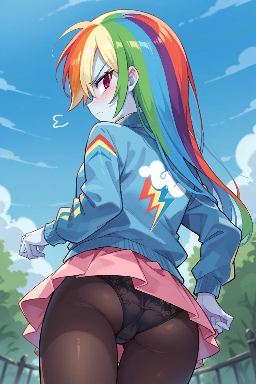 Rainbow dash, colored hair, blue skin, denim jacket, a white blouse, pink short skirt, annoyed, She lifts her skirt with her hands to show her sexy black panties, black leggings, flushed, from below, POV: I look at her, in a park, at night.He turns his back on me, Pov lifts her butt, Pov turns his back on me, pov I grabbed her butt.