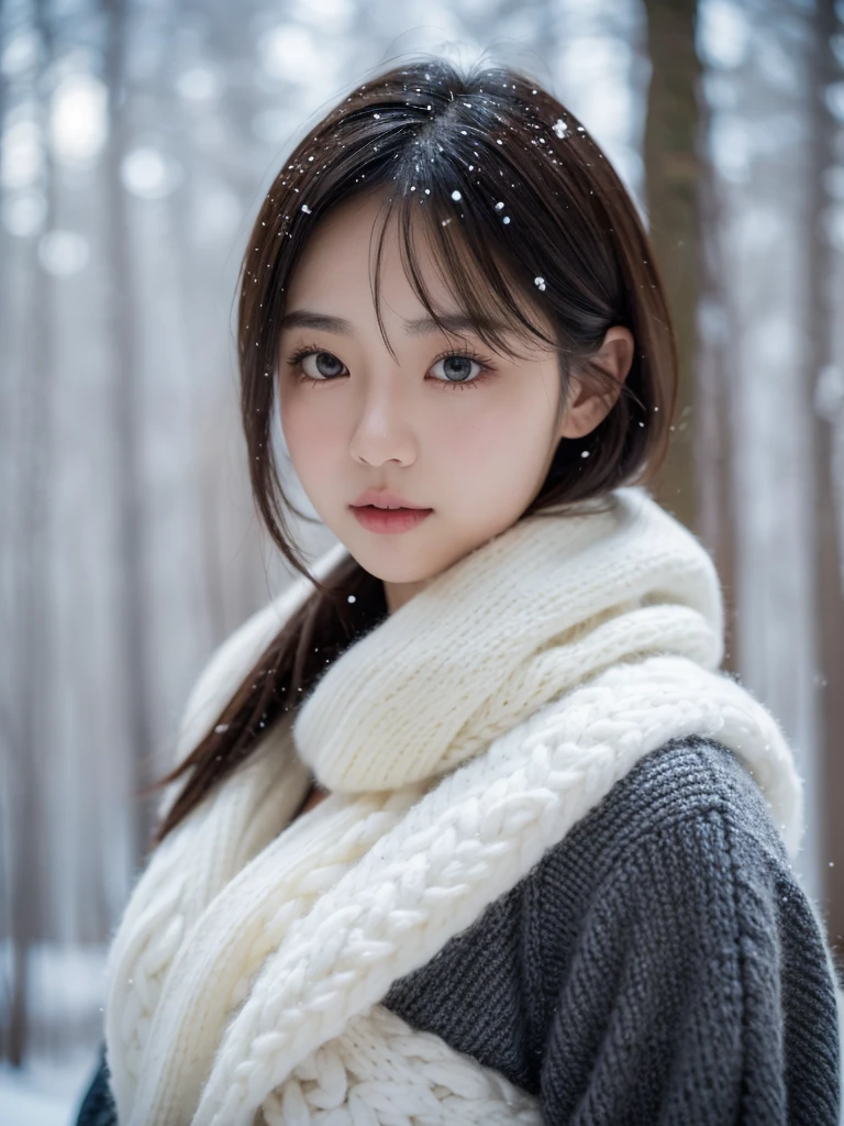 in the snowy forest, japanese girl, winter knit sweater, Yuki, pupils shine, brown short hair, big breasts, realistic portrait, depth of field, f/1.8, anatomically correct, rough skin, Super detailed, advanced details, high quality, Super detailed, advanced details, high quality, 最high quality, High resolution