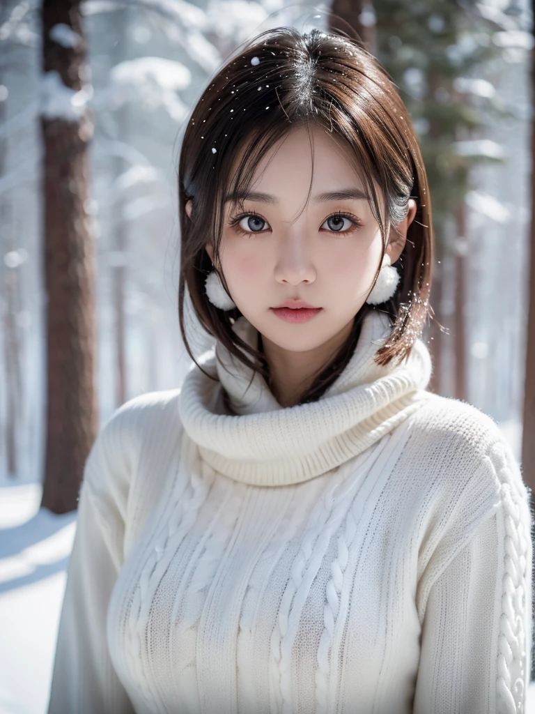 in the snowy forest, japanese girl, winter knit sweater, Yuki, pupils shine, brown short hair, big breasts, realistic portrait, depth of field, f/1.8, anatomically correct, rough skin, Super detailed, advanced details, high quality, Super detailed, advanced details, high quality, 最high quality, High resolution