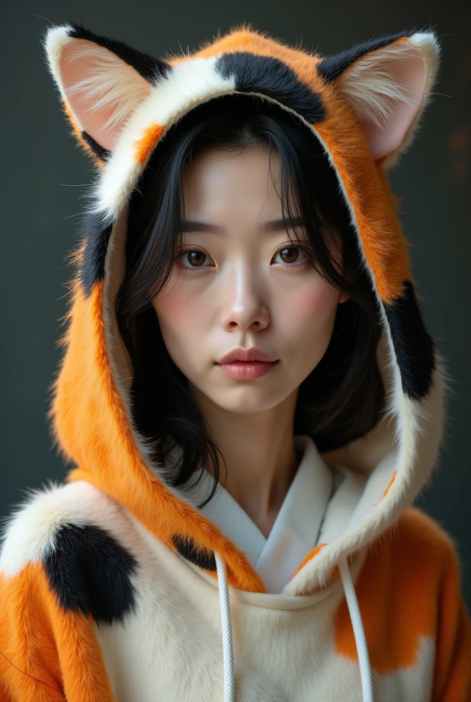 A beautiful 50-year old  aged Japanese woman wearing a cat costume with hoodies. The fur pattern should be that of calico cat: patches of white, black, and white. The costume doesn't have a cat face. It should show only above her chest.

