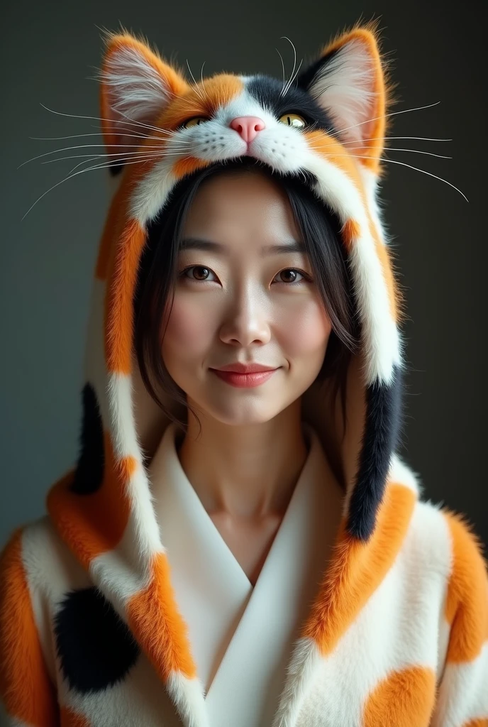 A beautiful 50-year old  aged Japanese woman wearing a cat costume with hoodies. The fur pattern should be that of calico cat: patches of white, black, and white. The costume doesn't have a cat face. It should show only above her chest.

