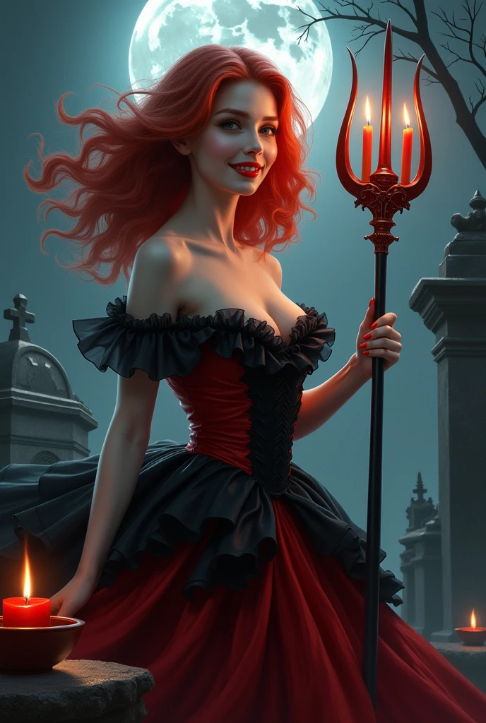 Realistic image of a white woman, red haired, with a smile on her face with red lipstick, holding a trident with candles on the tip, her outfit is a red and black dress with lots of ruffles and she is spinning. in the background a cemetery, with a clear moonlight and a bowl with a red and black two-tone candle in the right corner of the image
