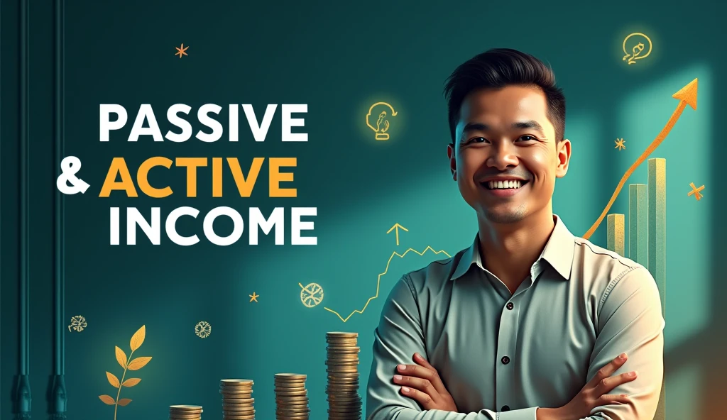 (photorealism:1.2), Text "COMBINE THE PASSIVE & ACTIVE INCOME" or in large font, thick, and kontras tinggi (for example, white on a dark or blue background).
Highlight words like "Passive" and "Active" with different colors or with effects such as shadows or outlines to make it more striking.
Use the icon that symbolizes passive income (like money flowing from a cell phone or computer) and pendapatan aktif (like someone who works or transacts).
- **Growth Chart**: Include a simple graph showing the increase, as a symbol of growing income.
- **Stack of Money or Coins**:
warna latar yang mencerminkan kepercayaan and kemakmuran seperti biru, green, or gold. Warna ini memberikan kesan profesional and serius, but still interesting.
Gunakan skema warna yang harmonis namun kontras untuk Text and elemen visual lainnya, seperti kombinasi biru-green or gold-putih.
use a picture of an Indonesian man with a confident or happy expression, mungkin seandg bekerja atau melihat hasil dari investasi mereka. Ekspresi ini menarik perhatian and menambah koneksi emosional.
Pastikan elemen penting seperti Text and ikon memiliki highlight and shadow yang cukup agar terlihat jelas and memiliki kedalaman.