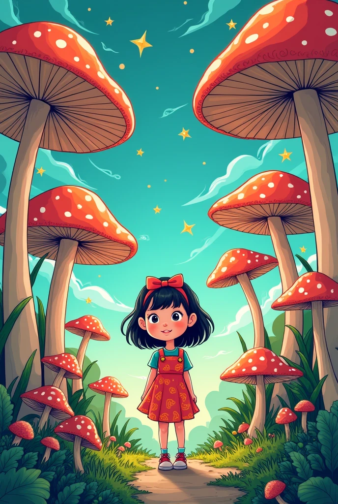 Mushroom forest, 1 Girl, Q version comic illustration.media, masterpiece, best quality,