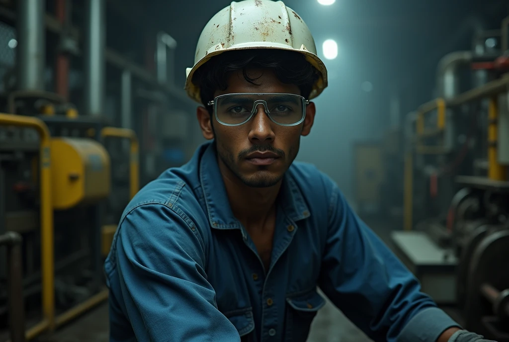 Indian young employee in factory with safety equipment, looking sad